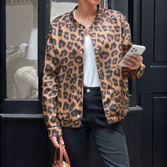 Jackets & Blazers - Multicolor Casual Women's Animal Leopard Print Wool Blend Jacket